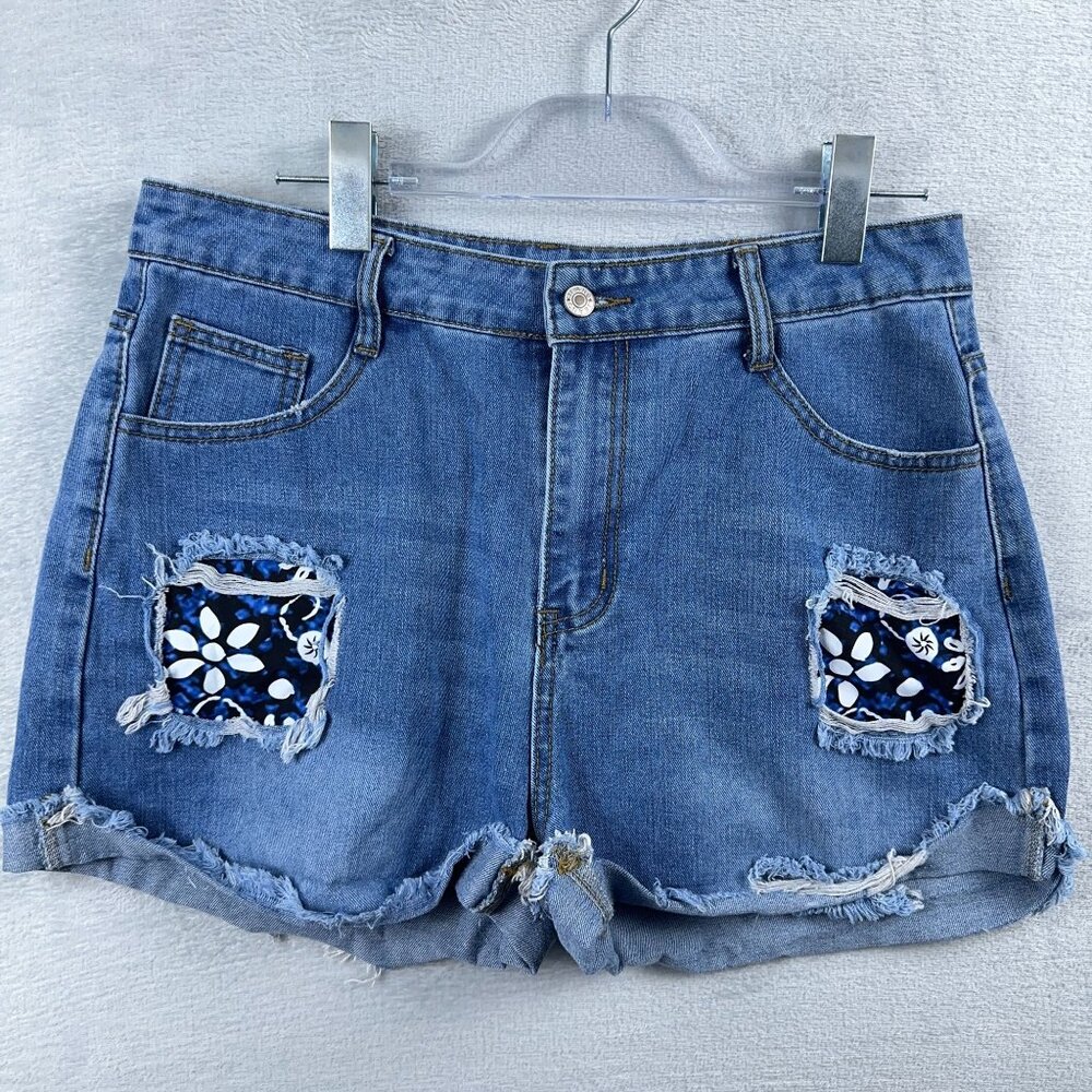 Unbranded Distressed Daisy Dukes Shorts Floral Print Raw Trim Denim Women Size L